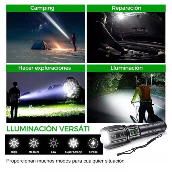 Está equipado con un diodo XHP50 con una potencia luminosa de enfoque con un alcance de haz de más de 300m